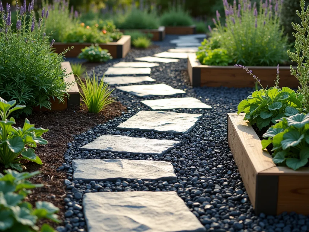 Slate Chipping Herb Garden Path - A winding garden path made of dark grey slate chippings, meandering through raised wooden garden beds filled with herbs and vegetables. The path is 3 feet wide, bordered by thriving rosemary, sage, and lavender plants. Neat rows of vegetables including tomatoes and leafy greens visible in the beds. Soft evening sunlight casting long shadows across the slate chips, highlighting their angular surfaces. The path is clean and well-maintained, with no weeds, creating a professional and organized appearance. Natural wood mulch visible in the planting beds contrasts beautifully with the slate pathway.