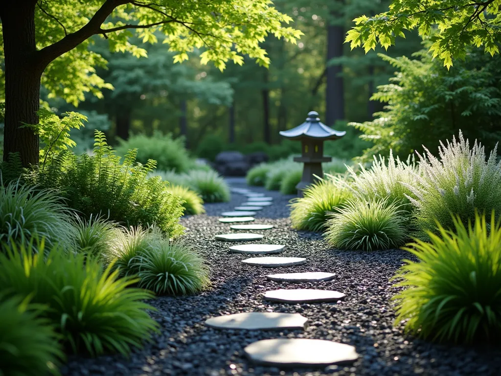 Serene Slate Mulched Shade Garden - A tranquil shade garden featuring dark grey slate chippings as mulch, creating elegant pathways between clusters of lush hostas, Japanese forest grass, and delicate white astilbe. Dappled sunlight filters through overhead maple trees, making the slate chips shimmer subtly. The slate mulch contrasts beautifully with the varied green foliage, while ornamental ferns add vertical interest. A small stone lantern sits partially hidden among the foliage, creating a peaceful zen-like atmosphere. Photorealistic, soft natural lighting, shallow depth of field.