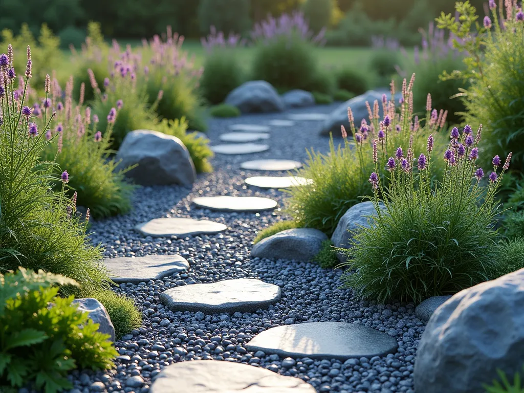 Tranquil Rain Garden with Slate Chippings - A beautifully designed rain garden featuring curved beds filled with slate chippings in various shades of gray and blue-gray. Native ornamental grasses, purple coneflowers, and rain-loving sedges emerge from the stone surface, creating a natural flow. A gentle depression in the landscape channels rainwater through the slate chippings, with stepping stones creating a meandering path. Moisture-loving ferns grace the edges, while natural boulders anchor the design. Soft morning light illuminates the scene, with dewdrops glistening on the plants. Photorealistic, landscape architecture style, 4K quality.