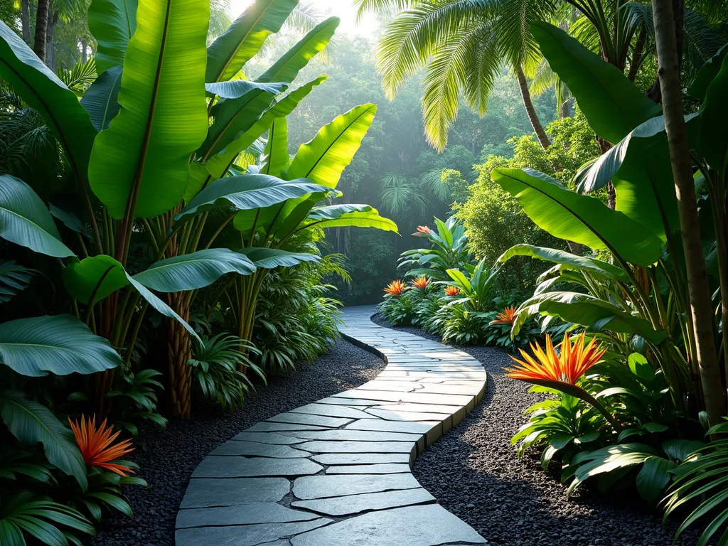 Tropical Paradise with Slate Contrast - A lush tropical garden path with dark grey slate chippings creating a winding pathway through vibrant tropical plants, featuring towering banana plants, bird of paradise flowers, and giant elephant ears. The slate creates a dramatic black contrast against the emerald green foliage, with dappled sunlight filtering through the canopy. Large monstera leaves lean over the path, while colorful bromeliads nestle among the slate chips. The scene is photographed from a low angle to emphasize the height of the tropical plants, giving a jungle-like atmosphere, photorealistic, high-end landscape photography style