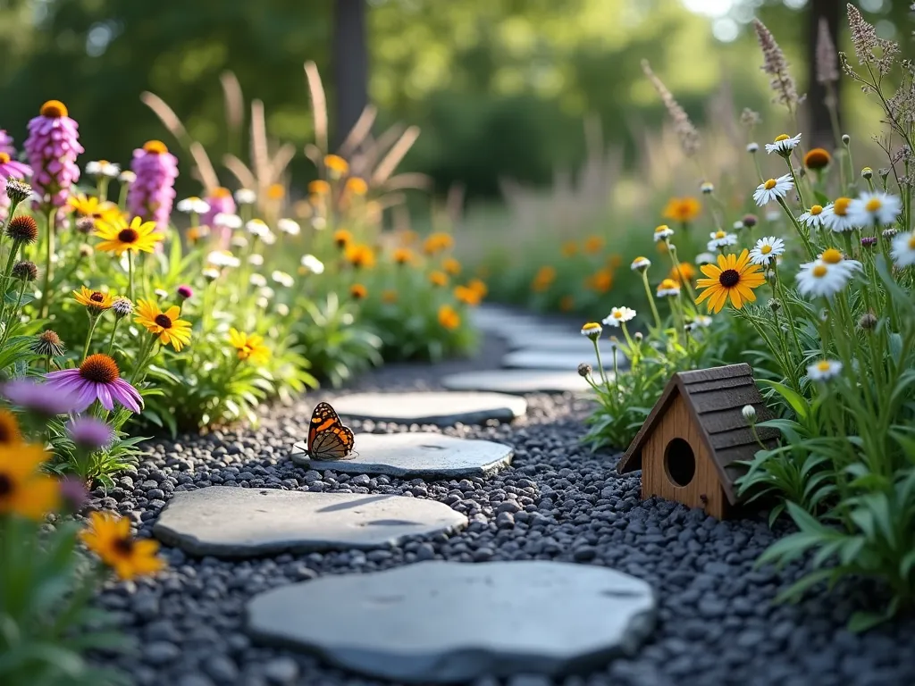 Natural Wildlife Haven with Slate Chippings - A serene garden scene featuring a winding path of dark grey slate chippings bordered by clusters of native wildflowers and ornamental grasses. Purple echinacea, yellow black-eyed susans, and white yarrow bloom among the stones. Small wooden insect hotels are partially hidden among the vegetation. Natural light casts gentle shadows across the textured slate surface, while a spotted butterfly rests on a flower. The composition includes small gaps between stones where ground beetles can be seen seeking shelter. Soft bokeh effect in background with dappled sunlight filtering through trees. Photorealistic, high detail, natural lighting, f/2.8 depth of field.