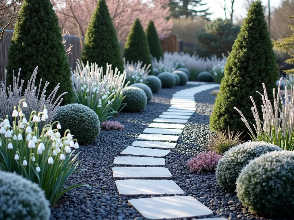 Winter Wonderland Slate Garden - A serene winter garden scene with dark gray slate chippings creating winding paths between elegant white-flowering hellebores and silvery-white snowdrops. Ornamental grasses with frost-covered plumes sway gently above the slate. Several architectural evergreen topiary spheres in varying sizes provide structure, while a dramatic copper garden obelisk creates a striking focal point. The slate chippings glisten with morning frost, and strategic uplighting casts dramatic shadows across the textured stone surface. Small clusters of winter heath add touches of soft pink, contrasting beautifully with the slate's deep tones.