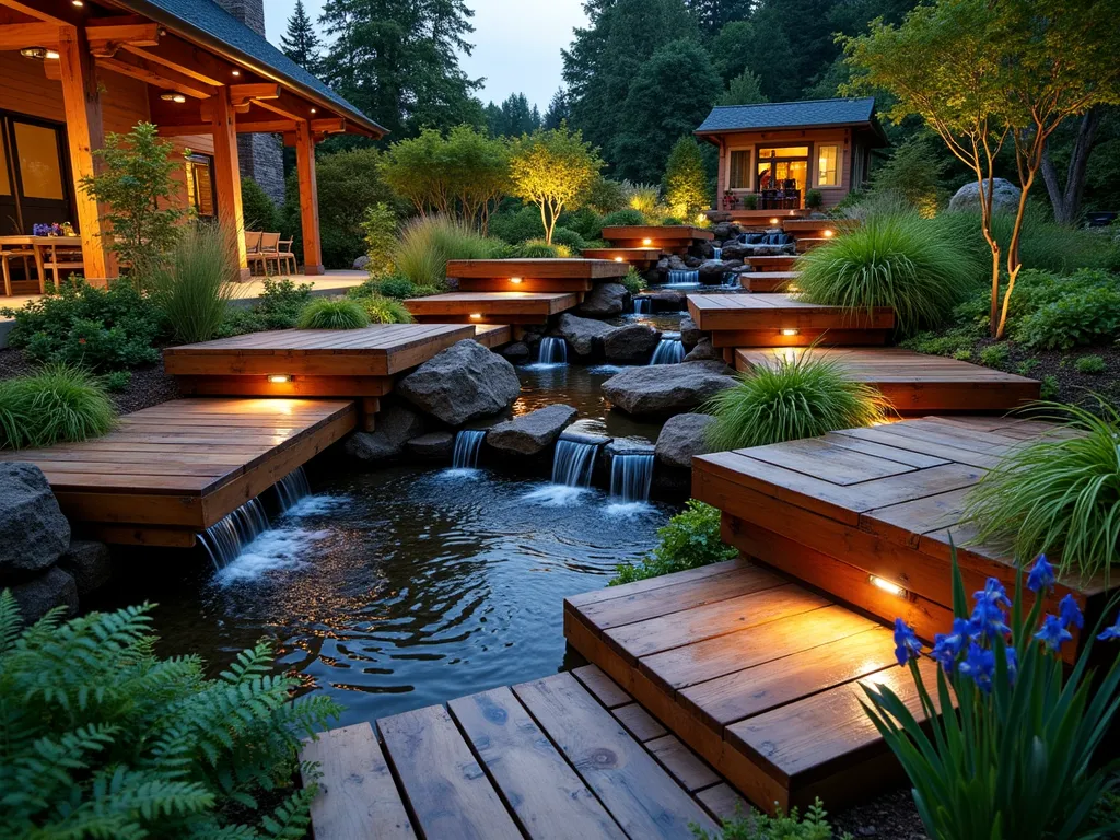 Cascading Wooden Rain Garden at Dusk - A stunning wide-angle DSLR photograph of a terraced wooden rain garden at dusk, featuring a series of elevated wooden channels flowing into collection pools. Natural cedar walkways curve through the space, bridging over the water features. Illuminated by soft garden lights, the scene captures water trickling down weathered wooden chutes into tranquil pools surrounded by lush ferns, Japanese iris, and native sedges. Weathered cedar boards create an organic, flowing design, while strategically placed river rocks guide water flow. The garden demonstrates perfect depth of field with f/8 aperture, showing crisp details from the foreground wooden structures to the background native plantings, all captured in the golden hour light with dramatic shadows and highlights on the water's surface.