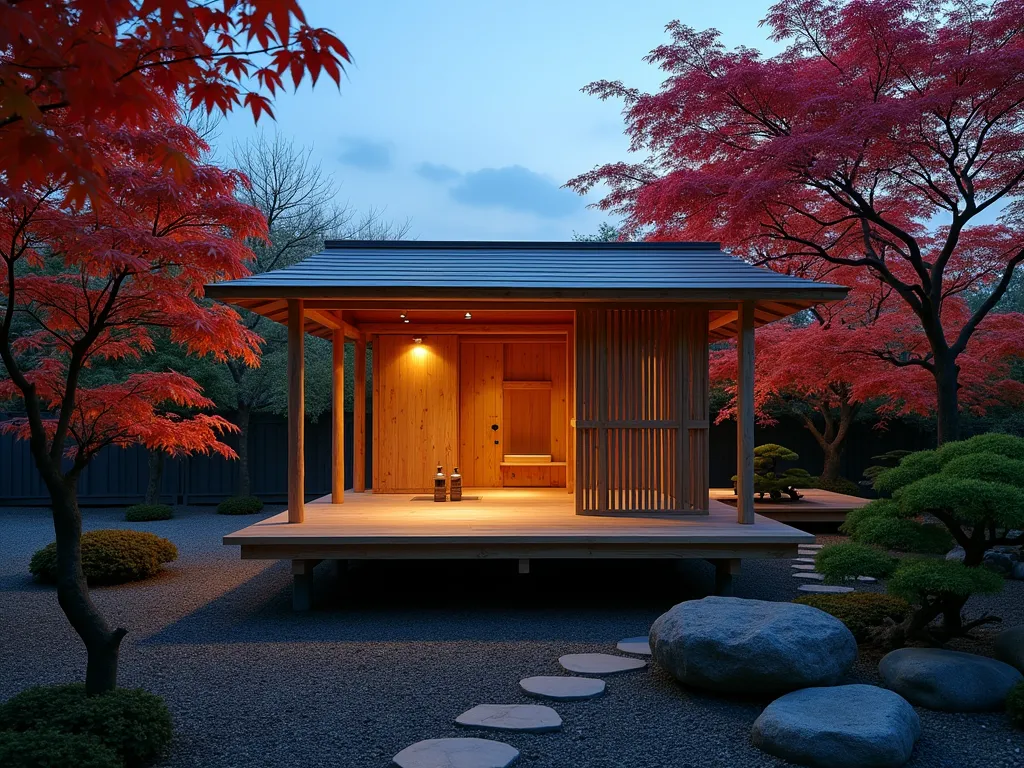 Elevated Japanese Tea House Garden Retreat - A serene dusk photograph of an elevated wooden tea house platform floating among Japanese maple trees in a tranquil garden setting. The minimalist structure features clean bamboo beams, a gently sloping roof, and natural timber decking, captured from a low angle perspective. Soft lantern lighting illuminates the interior, creating a warm glow against the deepening blue sky. Stone pathways and carefully placed bonsai trees complement the zen-like atmosphere. Shot with a wide-angle lens to showcase the harmonious integration with the surrounding landscape, with subtle motion blur in the maple leaves suggesting a gentle evening breeze.