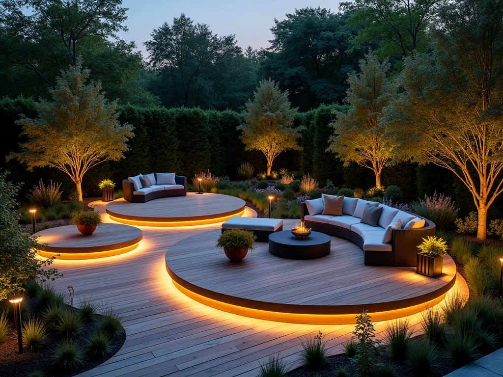 Floating Wooden Garden Pods at Twilight - A dreamy twilight garden scene featuring three elevated circular wooden deck pods floating 18 inches above ground level, connected by illuminated wooden walkways. The main pod hosts a cozy seating area with modern outdoor furniture and soft cushions, while smaller pods showcase potted Japanese maples and ornamental grasses. Warm LED strip lighting underneath creates a magical floating effect, casting gentle shadows on the landscaped ground below. Scattered solar lanterns line the walkways, while climbing jasmine weaves through modern cable railings. The scene is captured from a raised perspective, showing the organic flow between pods against a backdrop of soft landscape lighting and mature trees.