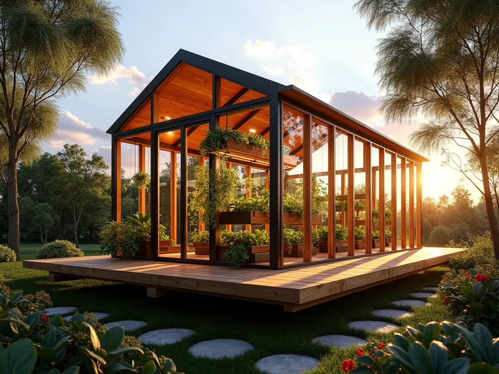 Modern Floating Wooden Greenhouse - A stunning wide-angle dusk shot of a contemporary elevated wooden greenhouse floating 3 feet above a lush garden, constructed with sustainable cedar and floor-to-ceiling glass panels. The structure features sleek angular lines and minimalist design, illuminated from within by warm LED lighting. Cascading plants hang from wooden beams, while vertical hydroponic systems line the interior walls. The greenhouse is surrounded by a natural garden with stepping stones and native plants. Golden hour sunlight casts long shadows through the glass, creating a magical atmosphere. Architectural precision meets organic beauty in this 8x12 foot floating sanctuary, photographed in photorealistic style.