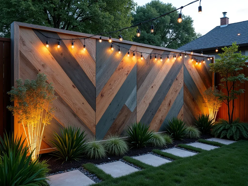 Modern Geometric Wood Privacy Screen Garden Feature - A stunning dusk scene of a modern backyard featuring a 7-foot-tall geometric privacy screen made from reclaimed wooden boards in varying widths. The screen showcases an intricate diamond and zigzag pattern with artistic gaps between weathered oak and cedar planks, creating captivating shadow plays from warm evening lighting. The boards are finished in a harmonious palette of muted sage green, natural wood tones, and soft grays. Behind the screen, string lights gently illuminate ornamental grasses and climbing jasmine, while the filtered light creates an enchanting atmosphere. The composition is captured at a 45-degree angle to highlight both the screen's geometric patterns and the layered garden design behind it. Photorealistic, architectural photography style, showing fine wood grain detail and ambient garden lighting.