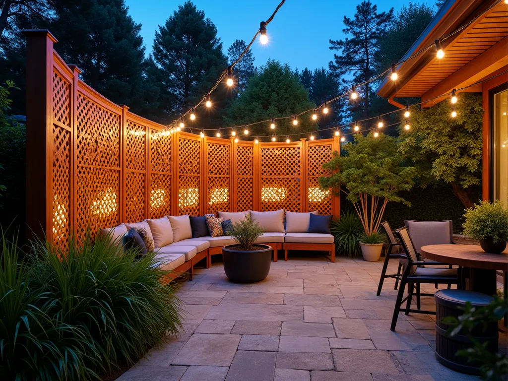 Illuminated Wooden Garden Screen at Dusk - A professional DSLR photograph capturing an enchanting evening garden scene featuring an elegant curved wooden privacy screen with intricate geometric cutout patterns, backlit by warm LED lights casting mesmerizing shadows across a stone patio. The 8-foot tall screen is crafted from rich cedar wood and features a modern geometric lattice design. Soft uplighting illuminates ornamental grasses and Japanese maples in the foreground, while string lights draped overhead create a magical ambiance. The wide-angle composition shows the entire entertainment space, including comfortable outdoor seating and potted bamboo, photographed during the blue hour with a perfect balance of natural and artificial lighting. The scene epitomizes sophisticated outdoor living with dramatic light play and organic materials.