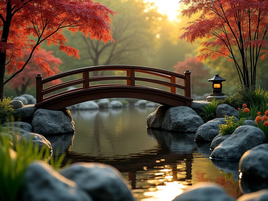 Serene Japanese Garden Bridge at Dusk - A stunning DSLR photograph of a gently curved wooden bridge in a Japanese garden setting, captured during the golden hour. The bridge, crafted from rich mahogany-toned hardwood with minimalist black railings, arches elegantly over a peaceful koi pond. Surrounded by carefully manicured Japanese maples with deep red foliage, and ornamental bamboo groves creating natural privacy screens. Smooth river rocks and moss-covered stones line the pond's edge, while traditional stone lanterns cast a warm glow on the water's surface. Low-growing mondo grass and scattered clumps of iris provide ground coverage. The composition is captured from a wide angle, showing the bridge's graceful integration into the larger garden landscape, with soft bokeh effects in the background created by the setting sun filtering through the bamboo leaves. Ultra-high definition, f/8, ISO 100, photorealistic quality.