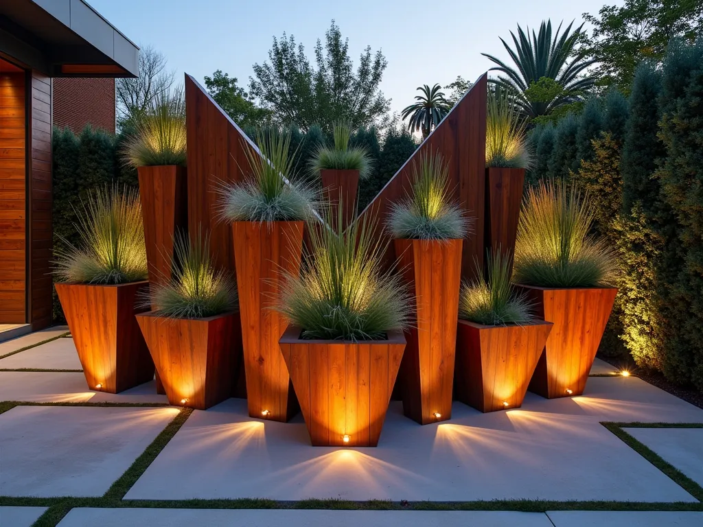 Modern Geometric Wood Planter Garden Display - A stunning twilight garden scene featuring a collection of large-scale geometric wooden planters arranged in an artistic cluster. The planters, crafted from rich cedar wood panels with sharp angular designs, vary in height from 2 to 4 feet, creating a dramatic sculptural installation. Each planter contains cascading ornamental grasses and architectural succulents. Soft landscape lighting illuminates the planters from below, casting geometric shadows on a modern concrete patio. In the background, a sleek wooden deck complements the contemporary design. Shot from a wide angle at golden hour with natural light highlighting the wood grain texture and modern garden aesthetics. Professional DSLR photo with pristine clarity and perfect depth of field capturing the interplay of light, shadow, and organic elements.