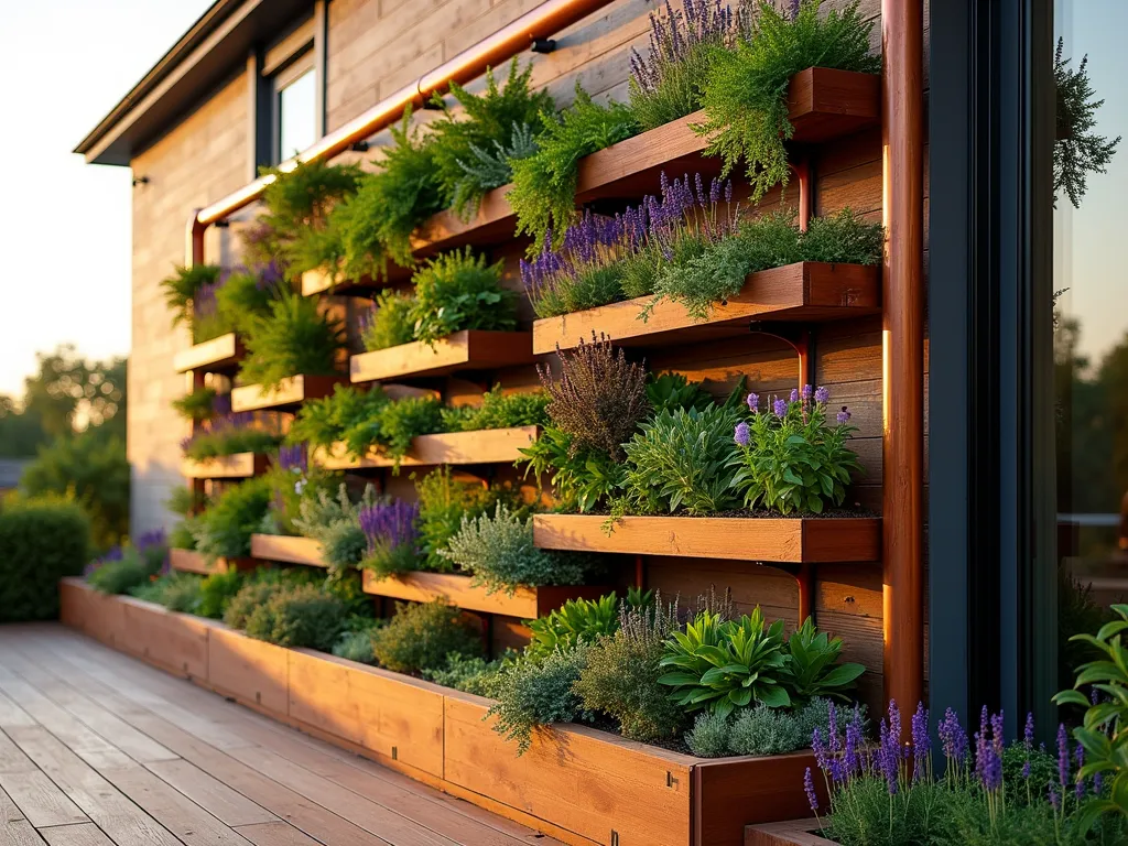 Modern Vertical Living Wall Garden - A stunning vertical garden photographed during golden hour, featuring a sleek cedar wood framework mounted on an exterior wall. The living wall showcases multiple tiers of integrated wooden planters and shelves at varying depths, lush with cascading ferns, flowering perennials, and aromatic herbs. Copper irrigation pipes are artfully incorporated into the design, creating a contemporary industrial accent. The structure spans 8 feet tall, with plants arranged in a naturalistic pattern. Soft evening light casts gentle shadows across the textured wooden surface, while dewdrops glisten on the foliage. Shot with a wide-angle lens to capture the full vertical scope, with the bottom portion showing a matching wooden deck integrating seamlessly with the living wall. The composition includes trailing plants like English Ivy and Boston Ferns creating organic movement, while upright Purple Salvias and Lavender provide structured elements.