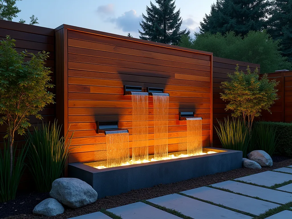 Modern Wooden Cascade Water Wall - A stunning twilight photograph of a contemporary wooden water feature wall in a serene garden setting. The 8-foot-tall cedar wood structure features multiple geometric channels and drops where water elegantly cascades down, creating a mesmerizing waterfall effect. Warm LED uplighting illuminates the flowing water, casting gentle shadows on the rich wood grain. The feature is flanked by ornamental grasses and Japanese forest grass, with strategic spotlighting highlighting their graceful movements. A natural stone basin at the base collects the water, surrounded by smooth river rocks. The composition is captured from a slight angle to show both depth and detail, with the last rays of sunset creating a warm ambient glow. Shot with a DSLR camera, the slow shutter speed captures the silky smooth movement of water against the architectural wooden elements. Photographic style: architectural, moody, atmospheric.