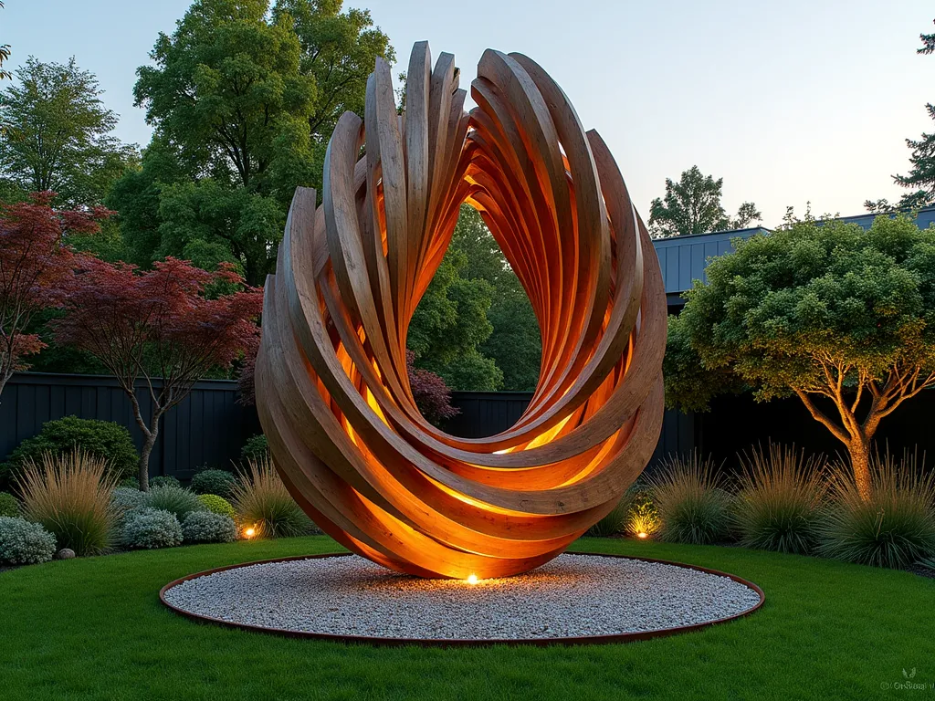 Modern Wooden Garden Sculpture at Sunset - A stunning DSLR wide-angle photograph of a contemporary garden art installation, featuring an elegant abstract sculpture made from weathered reclaimed wood pieces arranged in a dynamic spiral pattern reaching 8 feet tall. The wooden elements vary in size and thickness, creating a mesmerizing interplay of light and shadow as the golden sunset illuminates the natural wood grains. The sculpture is dramatically positioned against a backdrop of ornamental grasses and Japanese maple trees, with subtle landscape lighting beginning to glow at the base. The artistic installation is centered in a circular gravel garden bed bordered by cor-ten steel, creating a striking contrast with the surrounding lush green lawn. Shot at f/8 with natural evening lighting highlighting the sculpture's organic curves and angles. The composition captures the perfect balance between architectural design and natural elements, photographed from a slightly low angle to emphasize the installation's impressive height and movement.