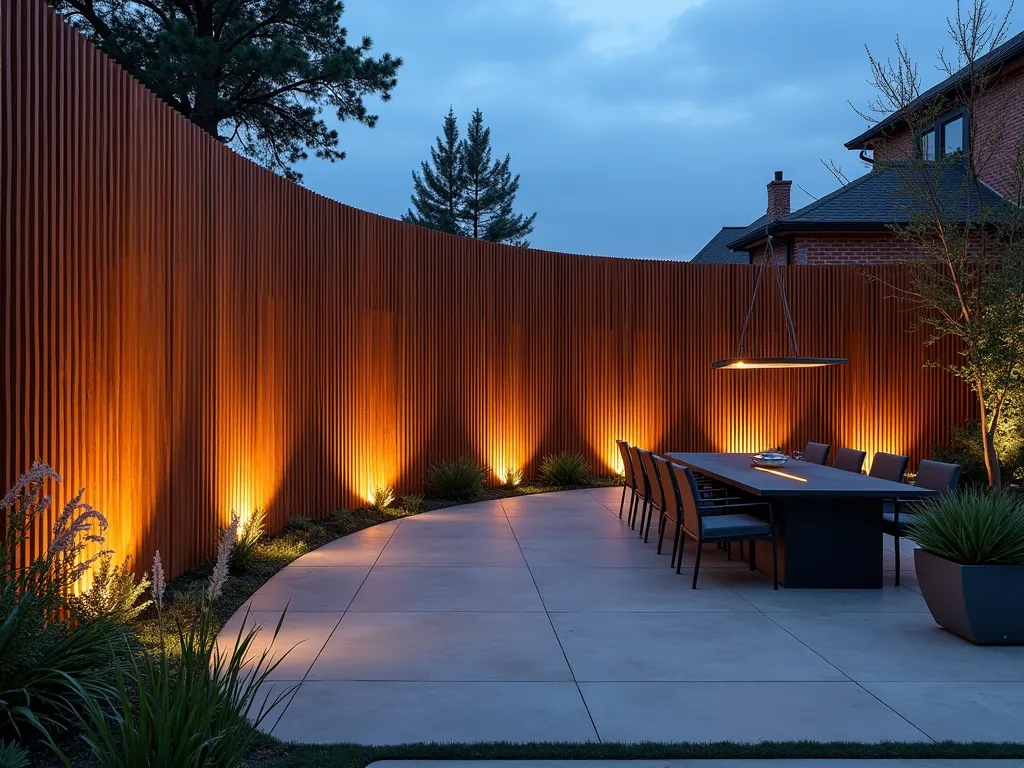 Modern Wooden Wave Privacy Wall with Evening Illumination - A stunning twilight photograph of a modern garden featuring an elegant curved wooden privacy wall made of vertical cedar slats arranged in a gentle wave pattern. The wall stands 8 feet tall with precisely spaced slats allowing warm LED lighting to peek through, creating dramatic shadows and light patterns on the surrounding landscaping. The sculptural wall is photographed from a wide angle to showcase its flowing movement, with a modern concrete patio in the foreground, and architectural grasses swaying at its base. The scene is captured during blue hour, with the wall's integrated lighting creating a warm golden glow that contrasts beautifully with the deepening sky. High-end outdoor furniture and minimalist planters complete the contemporary setting. Shot with careful attention to depth of field to capture both the detailed wood grain and the overall sweeping design.