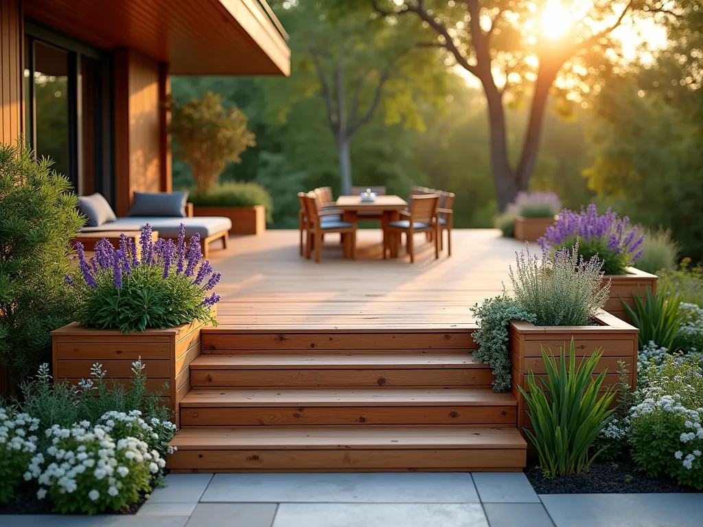 Multi-Level Wooden Deck Garden Oasis - A stunning late afternoon photograph of a multi-tiered wooden deck garden, shot at f/2.8 with warm golden sunlight filtering through. The contemporary deck features three elegant levels connected by wide wooden steps, with built-in cedar planters seamlessly integrated into the railings and corners. Lush purple salvia, white echinacea, and cascading creeping thyme spill over the planter edges. Mediterranean herbs like rosemary and lavender add texture and fragrance. The upper deck includes a modern seating area with teak furniture, while the middle level hosts a small dining space. Natural cedar wood tones contrast beautifully with the vibrant greenery. Shot from a slightly elevated angle to capture the flowing design and dimensional layers, with the lowest deck transitioning into a natural garden space. Soft bokeh effect in background showing mature trees.