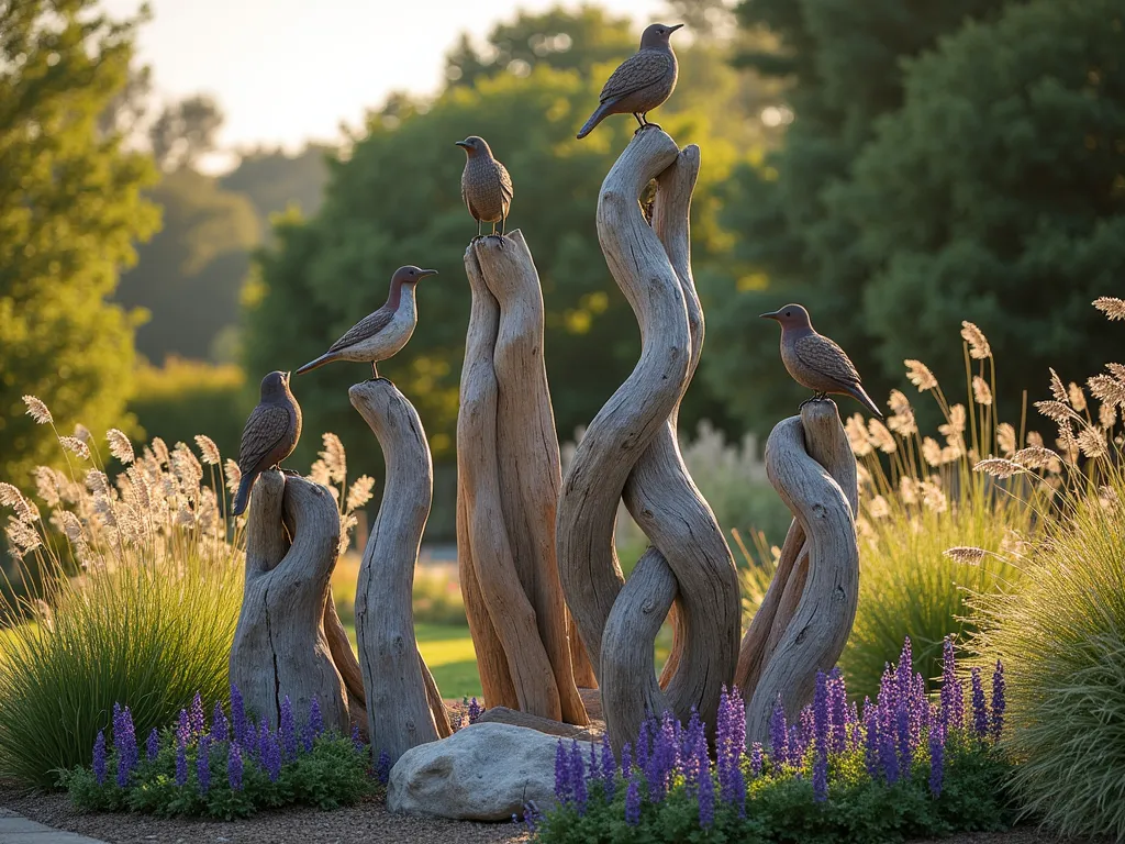 Artistic Driftwood Garden Sanctuary - A serene garden scene at golden hour featuring large, weathered driftwood sculptures artistically arranged among flowing ornamental grasses and purple coneflowers. The centerpiece is a dramatic 6-foot twisted driftwood piece that resembles a dancing figure, surrounded by shorter carved wood formations that create organic shapes. Soft evening light casts long shadows across the natural wood elements, while Mexican feather grass and maiden grass sway gently around the bases. The background shows a subtle blur of mature trees, creating depth. Several carved wooden birds perch naturally on the driftwood pieces, while purple and white flowering perennials add color contrast to the weathered wood tones. Shot from a low angle to emphasize the sculptural drama, with natural bokeh effects in the background.