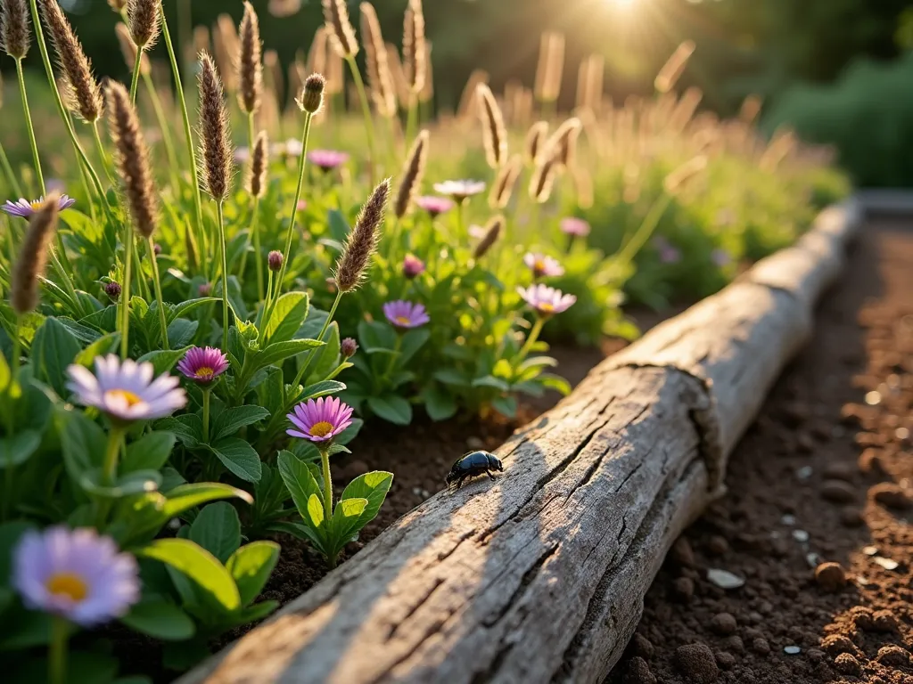 Natural Log Garden Border at Sunset - A captivating close-up view of a rustic garden border made from vertically placed natural logs of varying heights, partially buried in rich soil. The logs, weathered and textured, create an organic edge along a lush flower bed filled with native wildflowers and ornamental grasses. Golden evening sunlight filters through the plants, casting long shadows and highlighting the wood's natural grain patterns. Small beetles and beneficial insects can be seen exploring the log surfaces, while delicate ferns sprout near the base. The border curves gracefully through the garden, leading the eye to a soft-focus background of mature trees and garden greenery.