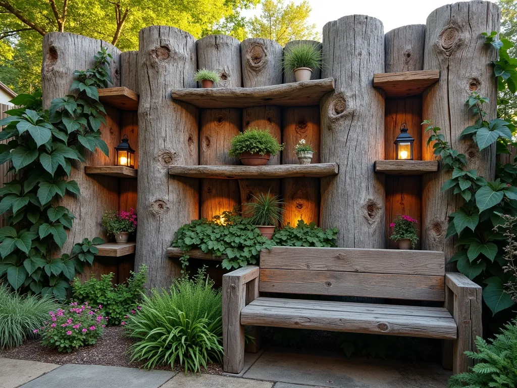 Rustic Stacked Log Wall with Garden Niches - A stunning DSLR wide-angle shot of a rustic garden wall made from artfully stacked firewood and logs, photographed during golden hour. The 8-foot-tall structure features integrated wooden shelves and natural niches, some holding potted ferns and native wildflowers. Small openings between logs create perfect habitats for birds and beneficial insects. The wall's weathered wood tones range from silver-gray to rich brown, creating a natural mosaic pattern. Climbing ivy gracefully weaves between logs, while solar lanterns nestled in the niches cast a warm glow. The wall is photographed at f/8 with natural lighting, capturing both the intricate texture of the wood grain and the overall architectural impact of this functional garden feature. A rustic wooden bench sits nearby, complementing the natural aesthetic.