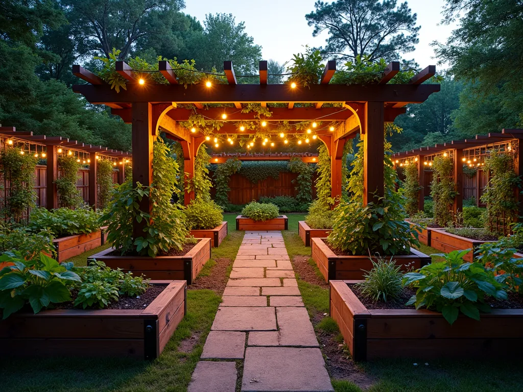 Elegant Timber Frame Garden with Raised Beds - A stunning dusk photograph of a well-organized timber frame vegetable garden, shot at f/2.8 with warm golden hour lighting. Cedar raised beds with dark-stained timber frames arranged in a geometric pattern, connected by weathered wooden walkways. A grand central pergola covered in climbing vegetables and flowering vines creates a focal point. Trellises integrated into the bed frames support climbing peas and tomatoes. The beds burst with colorful vegetables and herbs, while string lights draped across the pergola create a magical atmosphere. Shot with a wide-angle 16mm lens to capture the entire garden layout while maintaining intimate detail of the woodwork and plantings. Natural lens compression emphasizes the pergola's height and garden's depth.