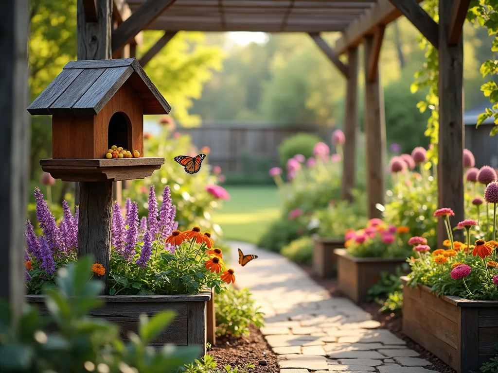 Enchanting Wooden Butterfly Garden Sanctuary - A serene late afternoon garden scene featuring an artisanal wooden butterfly house mounted on a decorative post, surrounded by a collection of weathered cedar planters. The planters overflow with purple butterfly bush, orange lantana, and pink echinacea in full bloom. A handcrafted wooden feeding station with bright fruit pieces attracts several monarch butterflies. Natural light filters through overhead wooden pergola slats, creating dappled shadows across the rustic garden path. Captured with DSLR camera, wide-angle lens at f/8, ISO 100, 1/125 sec, showing the intimate butterfly garden space within a larger backyard setting. Soft bokeh effect in background reveals additional wooden garden elements and native wildflowers.