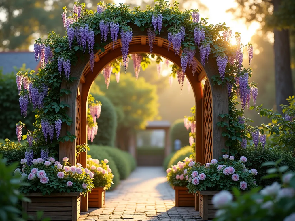 Enchanted Wooden Garden Archway at Twilight - A magnificent curved wooden garden arch with built-in planters at its base, captured during the golden hour. The structure features weathered cedar wood forming an elegant 8-foot-tall curved archway. Lush climbing roses and wisteria intertwine gracefully up the latticed sides, creating a romantic natural canopy overhead. The archway leads through to a secluded garden space, with soft landscape lighting illuminating the path beneath. Purple and white wisteria blooms cascade down, while the planters at the base overflow with lavender and white climbing roses. Shot from a slight angle to capture both the architectural detail of the wooden structure and the organic flow of the flowering vines, with dreamy bokeh effect in the background showing a cottage garden setting. Photorealistic, high detail, magical atmosphere.