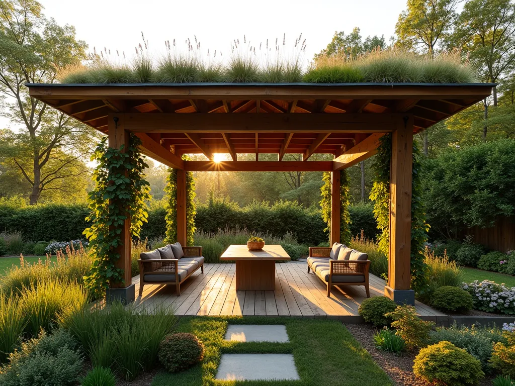 Serene Wooden Garden Pavilion with Living Roof - A tranquil, open-sided wooden pavilion nestled in a lush garden setting during golden hour. The sustainable timber structure features elegant wooden beams and a flourishing living roof covered with sedums and native grasses. Inside, comfortable outdoor furniture creates an intimate dining space, with climbing vines gracefully wrapping around the corner posts. Natural light filters through the semi-transparent roof, casting dappled shadows on the reclaimed wood flooring. The pavilion is surrounded by ornamental grasses, flowering perennials, and Japanese maple trees, creating a harmonious blend between architecture and nature. Shot from a wide angle to showcase the pavilion's integration with the surrounding garden landscape, with soft evening light creating a warm, inviting atmosphere.