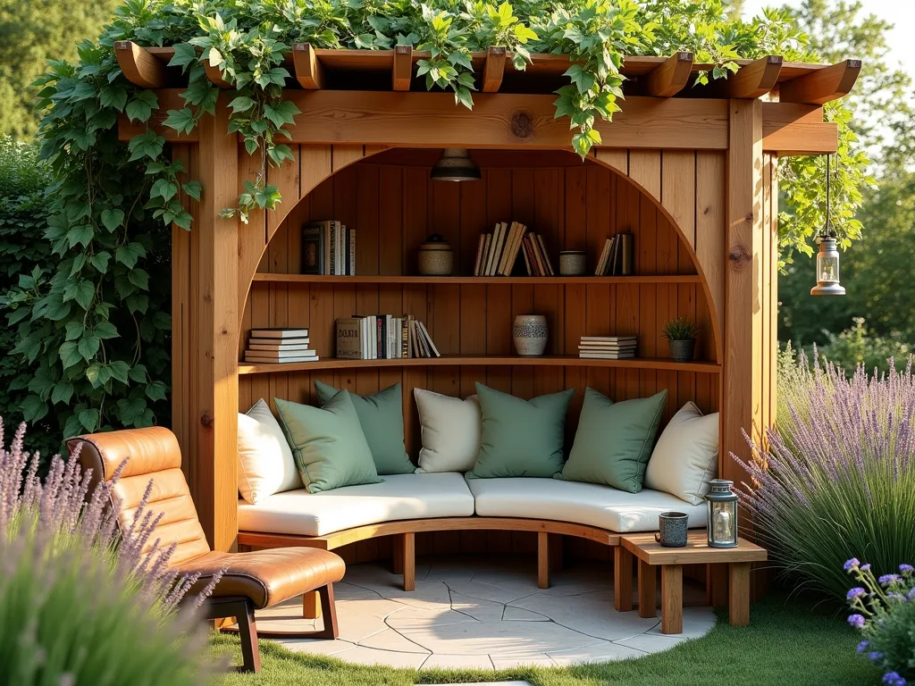 Serene Wooden Garden Reading Nook - A cozy curved wooden reading nook in a lush garden setting at golden hour, photographed at f/2.8 with a 16-35mm lens. The intimate space features a handcrafted curved wooden bench nestled under an elegant cedar pergola, draped with soft climbing jasmine. Plush weatherproof cushions in sage green and cream adorn the bench, while clever built-in shelving showcases a collection of books. Natural light filters through the pergola slats, creating dappled shadows on the weathered wood. The nook is surrounded by ornamental grasses and lavender, with a vintage lantern hanging from the pergola. A worn leather reading chair sits at one end, with a small wooden side table holding a steaming cup of tea. Shot from a wide angle to capture the entire peaceful setting within its garden context.