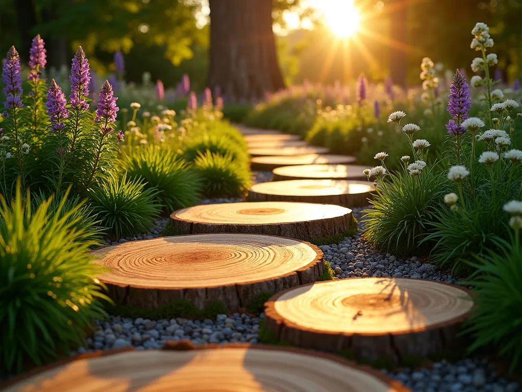 Enchanting Wooden Log Stepping Stone Path at Sunset - A DSLR photo of a magical garden path made from polished wooden log slices arranged as stepping stones, shot at golden hour. The circular wood rounds vary in size from 18 to 24 inches, showing rich wood grain patterns and are sealed to a warm honey glow. The path winds gracefully through lush green grass with purple catmint and white flowering groundcover blooming between the stones. Low-angle perspective capturing the sun's rays filtering through Japanese maple trees in the background, creating a warm, enchanted atmosphere. Natural crushed gravel borders parts of the path, while moss gently creeps along the edges of some wooden rounds. Shot at f/8 with dramatic shadows and highlights emphasizing the natural wood textures.