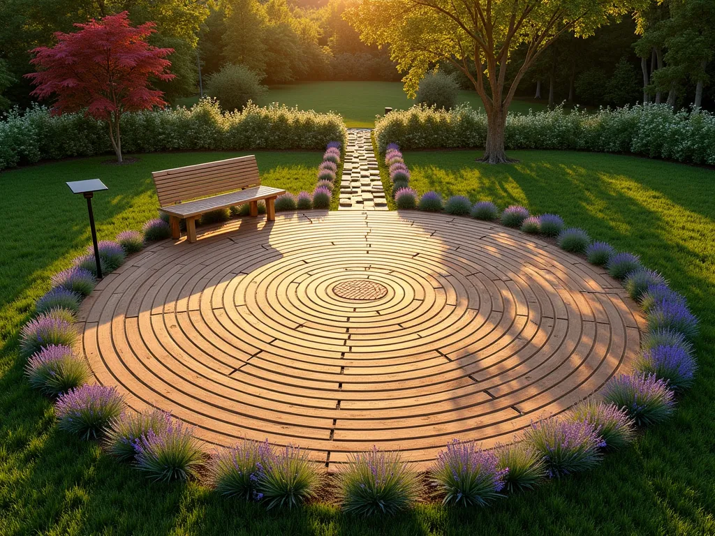 Tranquil Wooden Garden Labyrinth at Sunset - A serene circular wooden labyrinth in a garden setting, photographed from a slightly elevated angle during golden hour. The labyrinth is crafted from alternating light oak and dark walnut boards set into lush green grass, creating a mesmerizing spiral pattern. The paths are lined with low-growing lavender and ornamental grasses that soften the edges. Warm sunset light casts long shadows across the wooden pathways, highlighting the rich wood grain textures. Small solar lanterns mark key points along the journey, while mature Japanese maple trees frame the scene, their leaves casting dappled shadows. A simple wooden bench sits at the entrance, surrounded by natural stone pavers and white flowering ground cover. The entire space emanates a sense of peaceful contemplation and spiritual connection.