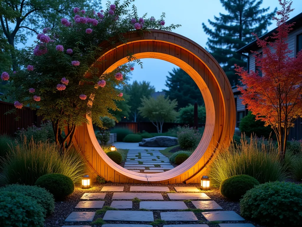 Enchanting Wooden Moon Gate at Dusk - A stunning circular wooden moon gate in a serene garden setting at dusk, photographed from a medium-wide angle. The gate is crafted from curved honey-colored cedar planks forming a perfect 8-foot circle, with intricate joinery details. Soft landscape lighting illuminates the structure from below, casting dramatic shadows. Climbing moonflowers and jasmine weave through the surrounding timber frame, while Japanese maples and ornamental grasses create a layered backdrop. Stone pavers lead through the gate, with moss growing between them. The scene captures the transition between two garden spaces, with a zen-like meditation area visible through the circular opening. Atmospheric evening light creates a magical ambiance, with the first stars appearing in the dusky blue sky.