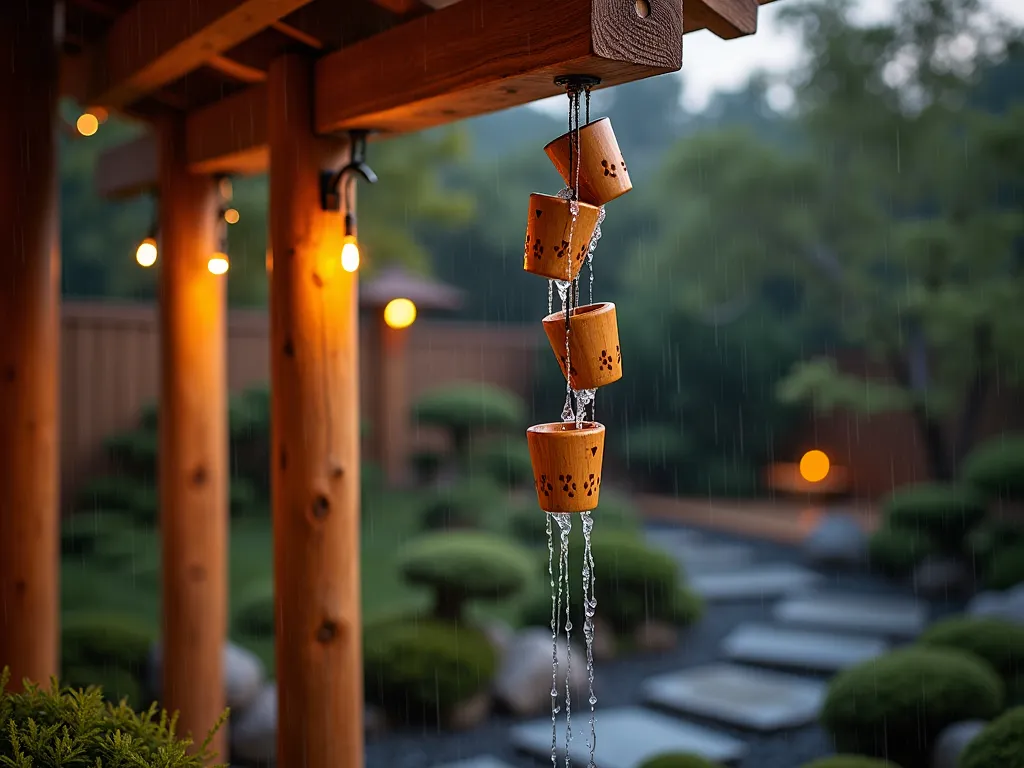 Wooden Rain Chain at Dusk - A close-up shot of an artisanal wooden rain chain during light rainfall at dusk, featuring intricately carved wooden cups in a natural cedar finish. The chain descends from a rustic wooden pergola corner, with water elegantly cascading through each sculptural wooden element. Soft ambient lighting illuminates the water's path, creating a mesmerizing dance of droplets. The background shows a blurred Japanese-inspired garden with moss-covered stones and dwarf maples. Shot with shallow depth of field highlighting the water's movement through the carved wooden cups, capturing the tranquil atmosphere with bokeh effects from garden lights.