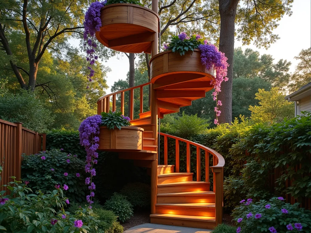 Enchanting Wooden Spiral Staircase Garden Planter - A stunning architectural wooden spiral staircase in a lush backyard garden, photographed during golden hour. The structure features integrated wooden planter boxes on each step, overflowing with cascading purple wisteria, trailing pink petunias, and silvery dichondra. Soft evening light filters through the spiral's open design, casting intricate shadows on the natural wood. The staircase rises 8 feet tall against a backdrop of mature trees, with string lights delicately woven through the structure. Shot from a three-quarter perspective to showcase both the engineering of the spiral and the living wall effect of the trailing plants. Photorealistic, high detail, warm ambient lighting, architectural photography style.