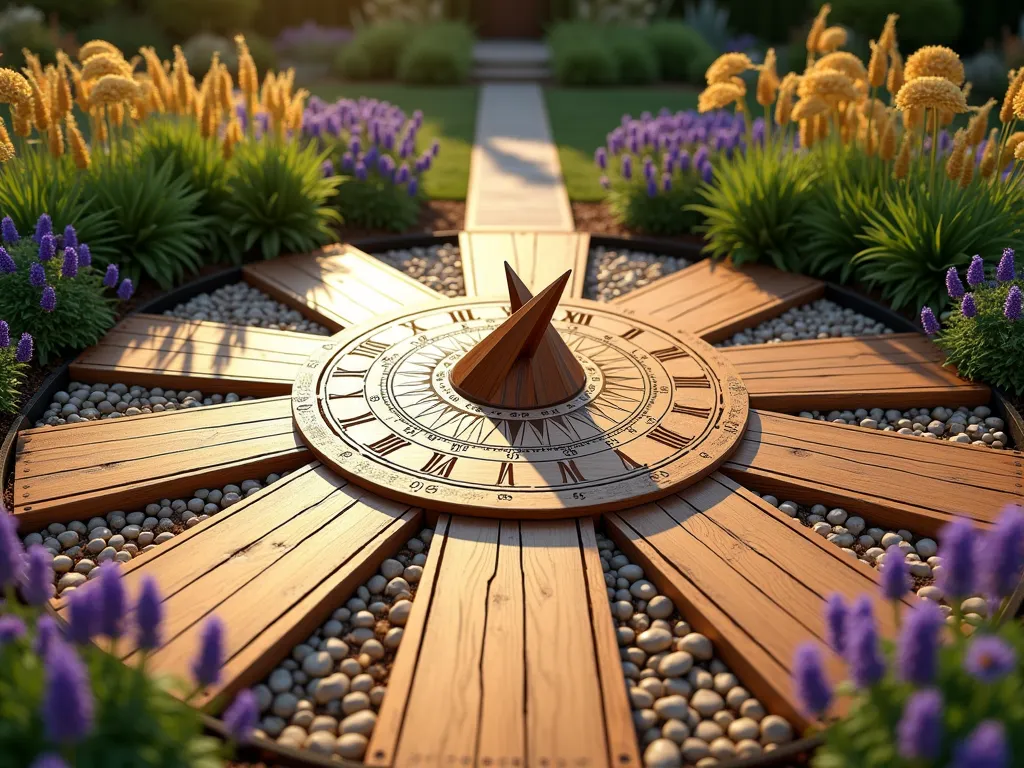 Wooden Sundial Garden with Radiating Pathways - A stunning garden focal point featuring a large handcrafted wooden sundial, 6 feet in diameter, made from rich teak wood at the center of a circular garden design. Radiating wooden walkways made of weathered cedar planks extend outward like sun rays, creating eight distinct planting sections. The beds are filled with a mix of purple lavender, golden daylilies, and ornamental grasses that sway in the gentle breeze. Captured during golden hour, with warm sunlight casting long shadows across the geometric wooden paths. The sundial's gnomon casts a precise shadow on the carved hour markers. Shot from a 45-degree elevated angle to showcase the symmetrical pattern and artistic layout. Photographed with natural bokeh effect in background showing distant garden features. High-end garden design, artistic landscaping, English garden style with contemporary elements.