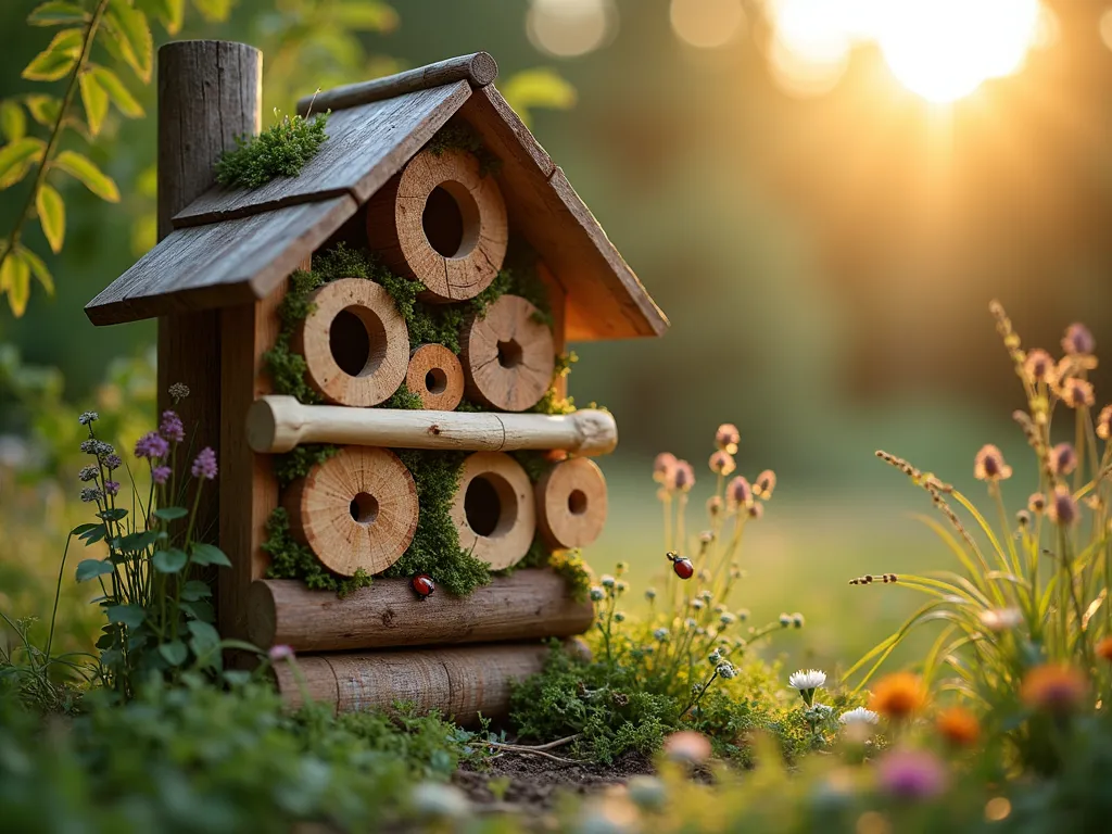 Natural Wooden Insect Hotel at Sunset - A beautifully crafted multi-tiered wooden insect hotel nestled in a lush garden corner, photographed during golden hour. The structure features intricate sections made from various wood types including bamboo, pine, and oak, with holes of different sizes drilled into logs. The hotel stands 4 feet tall with a peaked roof, decorated with natural moss accents. Small bees and ladybugs visible near the openings. Surrounded by native wildflowers and ornamental grasses, with soft sunset light filtering through, creating warm shadows. Shot from a slight low angle to emphasize its architectural presence, with shallow depth of field highlighting the detailed craftsmanship. Photorealistic, high detail, cottagecore aesthetic.