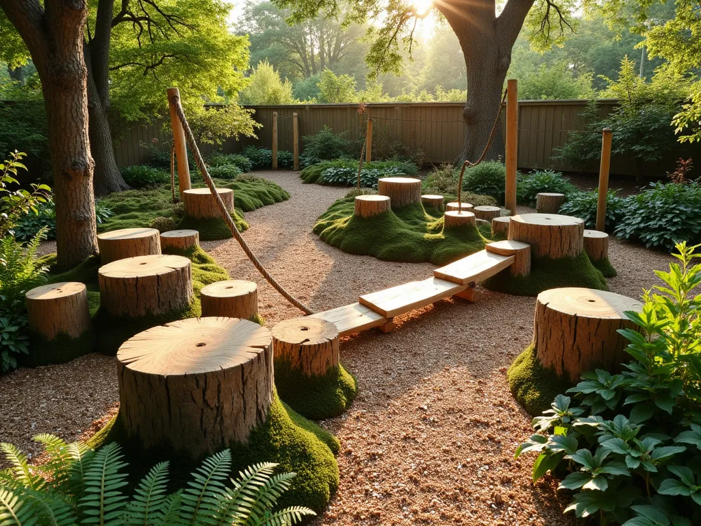 Natural Wooden Play Area in Garden Setting - A enchanting woodland play area in a backyard garden at golden hour, featuring naturally weathered wooden logs and stumps arranged in a whimsical circular pattern. Low-height balance beams made from smooth timber connect various play zones. Moss-covered tree stumps of different heights create a stepping stone pathway. A rustic wooden rope bridge spans between two secure posts. The area is softened by native ferns, ornamental grasses, and carpet of wood chips for safety. Dappled sunlight filters through mature trees above, creating magical light patterns. The scene is captured from a three-quarter elevated angle to show the organic layout and integration with the surrounding garden landscape. The play elements appear both natural and intentional, with smooth, child-safe finishes while maintaining a raw, woodland aesthetic.