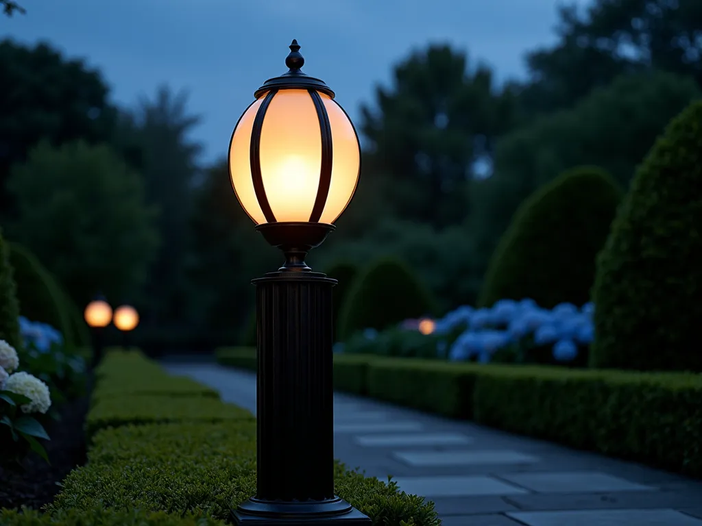 Art Deco Garden Lamp Post at Dusk - A stunning Art Deco garden lamp post photographed at dusk in a manicured garden setting. The elegant black metal post features bold geometric patterns and a large frosted glass globe that emits a warm, ethereal glow. The lamp post stands 7 feet tall against a backdrop of neatly trimmed boxwood hedges and flowering hydrangeas. The post's clean lines and dramatic angular designs cast intricate shadows on the surrounding stone pathway. Captured in a medium-wide angle shot that shows both the architectural details of the lamp post and its relationship to the garden landscape. The twilight sky adds a deep blue backdrop that perfectly complements the lamp's soft, ambient lighting.