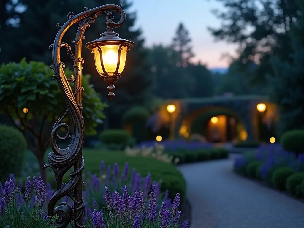 Art Nouveau Garden Lamp Post at Twilight - A stunning Art Nouveau garden lamp post photographed at twilight in a lush garden setting, 16-35mm lens, f/2.8, ISO 400. The ornate bronze-finished post features flowing, organic curves with intricate vine and flower motifs wrapping around its length. The post elegantly rises from a bed of lavender and roses, its curved arm holding a period-appropriate frosted glass lantern that casts a warm, golden glow. The background shows a winding garden path bordered by climbing wisteria, creating depth and atmosphere. The composition captures the lamp post from a slightly low angle, emphasizing its graceful curves against the deepening blue twilight sky.