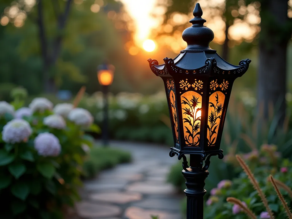 Elegant Botanical Cut-Out Garden Lamp Post at Dusk - A close-up shot of an elegant black wrought iron lamp post with intricate botanical cut-out patterns featuring ferns, flowers, and vines, photographed at dusk in a lush garden setting. The warm light emanating through the decorative cut-outs casts magical dancing shadows of leaves and petals on the surrounding stone pathway. The post is surrounded by flowering hydrangeas and ornamental grasses, creating a magical atmosphere as the sun sets. The artistic lamp post stands 7 feet tall with a Victorian-inspired design, featuring a glass lantern housing with copper accents. Photorealistic, high detail, soft ambient lighting, dramatic shadows, shallow depth of field.