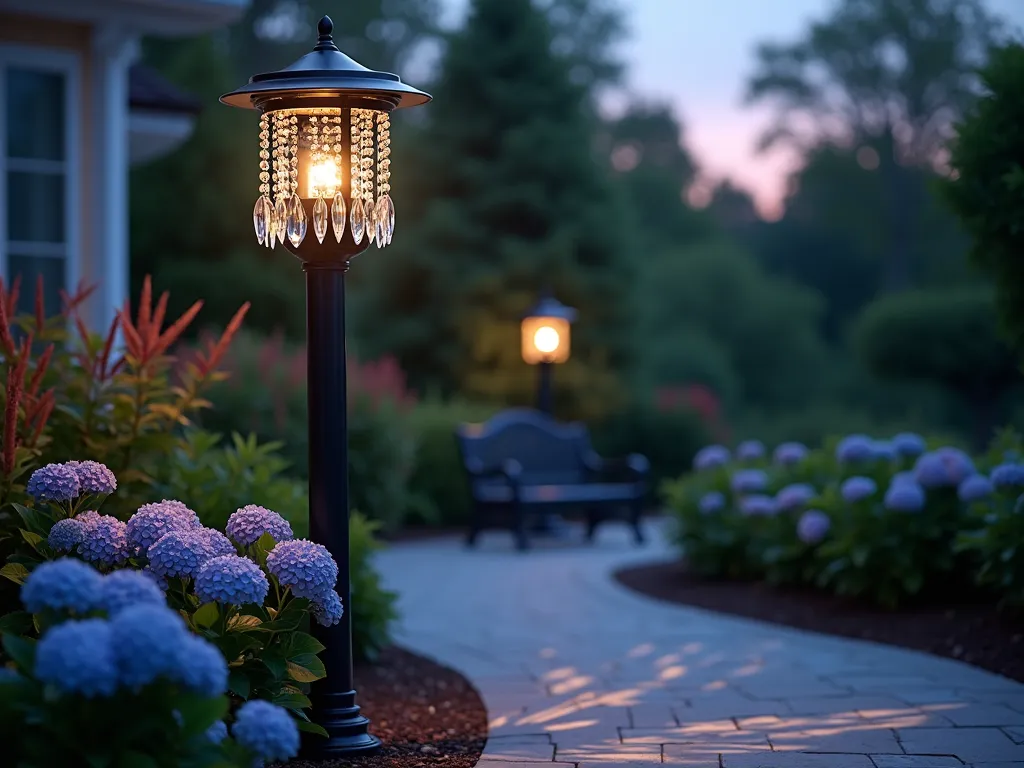 Crystal Garden Lamp Post at Twilight - A sophisticated black metal garden lamp post adorned with cascading crystal prisms photographed during the magical blue hour in an elegant garden setting. The post stands 7 feet tall against a softly blurred backdrop of flowering hydrangeas and japanese maples. Multiple teardrop-shaped crystal prisms catch the last rays of sunlight, creating a mesmerizing display of rainbow reflections across the surrounding landscape. The lamp's warm LED light illuminates the crystals from within, casting intricate geometric patterns on the curved stone pathway below. Shot with shallow depth of field focusing on the crystal details, with bokeh effects enhancing the magical atmosphere. A wrought iron garden bench visible in the background adds depth to the composition. Photorealistic, highly detailed, dramatic lighting, 16-35mm lens, f/2.8, ISO 400.