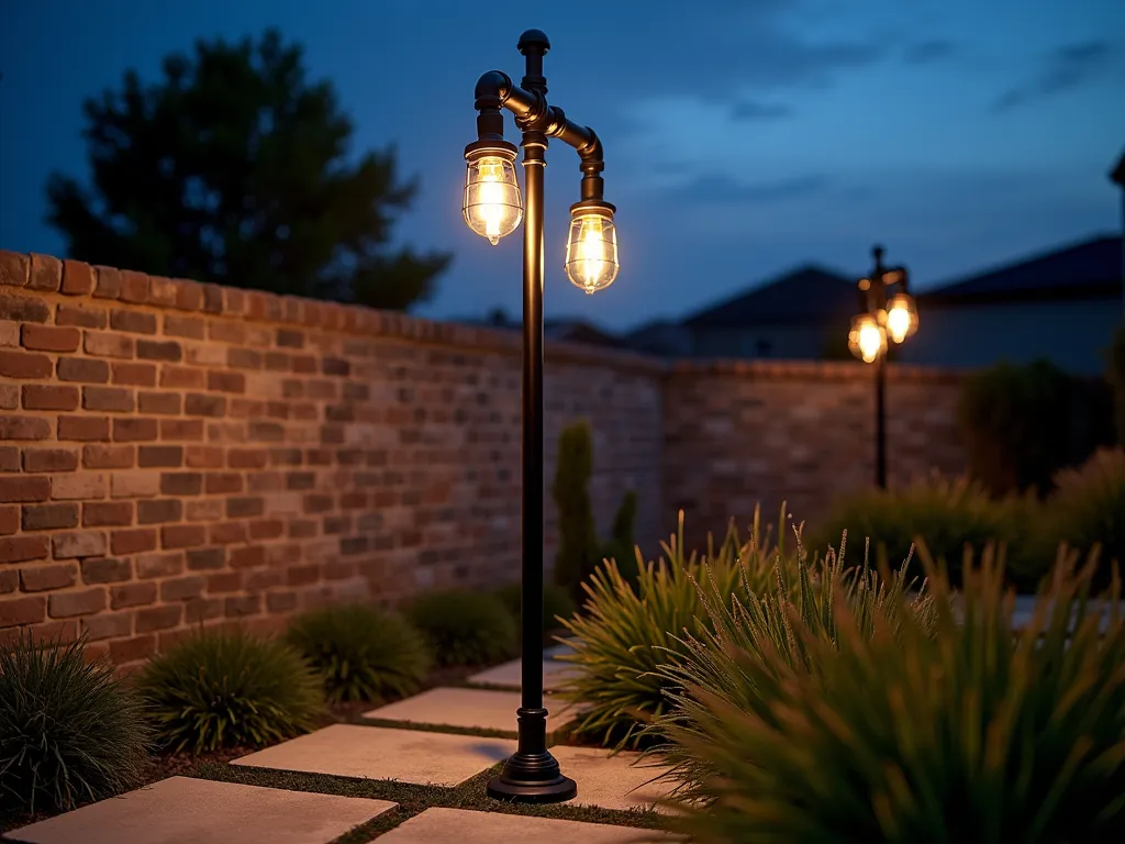 Industrial Pipe Garden Lamp Post at Dusk - A dramatic dusk photograph of a modern industrial-style garden lamp post crafted from black iron pipes and brass fittings, illuminated with warm LED lights. The 7-foot tall fixture features exposed threading, 90-degree elbows, and vintage-inspired cage lights mounted at different heights. Set in a contemporary urban garden with concrete pavers and ornamental grasses, the lamp casts intricate shadows across a weathered brick wall. Shot from a low angle with shallow depth of field to emphasize the architectural details and metallic textures. The warm glow of the LEDs contrasts beautifully with the deep blue twilight sky, creating a moody, atmospheric scene.