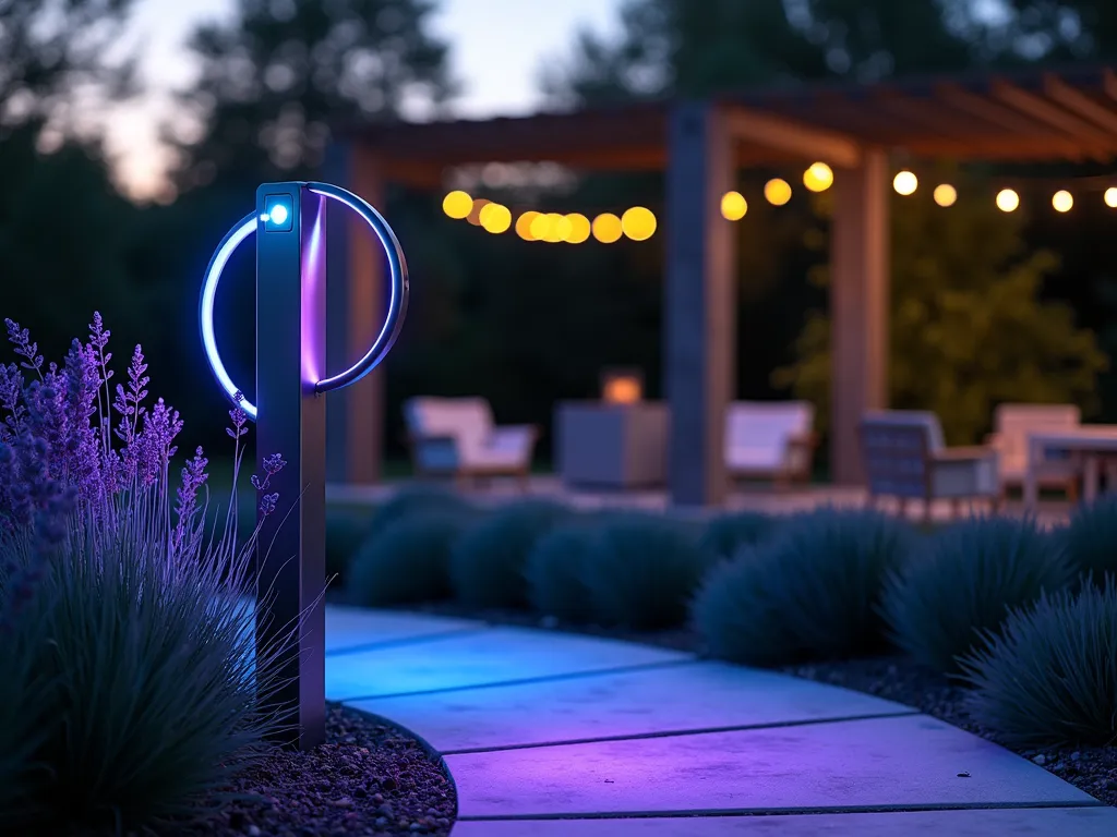 Interactive Garden Light Post at Dusk - A stunning twilight photograph of a modern, sleek garden light post with color-changing LED rings casting a mesmerizing blue-to-purple glow on a curved garden path. The post features smooth metallic surfaces that reflect the ambient light, while motion sensors are subtly integrated into its design. Surrounding the post are ornamental grasses and lavender plants swaying in the evening breeze, their silhouettes dramatized by the interactive lighting. The background shows a contemporary patio space with geometric furniture, while string lights twinkle overhead. The scene captures the moment as the light post transitions colors, creating concentric circles of light on the stone pathway below. Shot with a wide-angle lens at dusk, with selective focus on the light post's innovative features and the magical ambiance it creates in the garden setting.