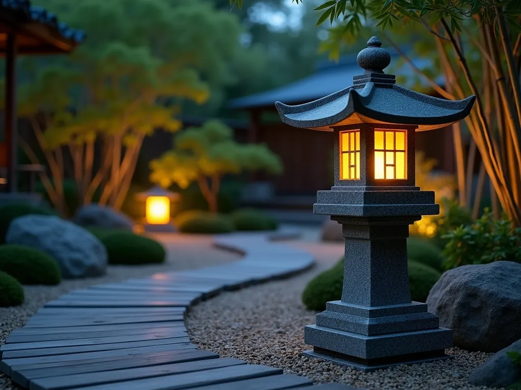 Tranquil Japanese Stone Lantern at Dusk - A serene twilight garden scene featuring a weathered granite Japanese stone lantern with pagoda-style tiers, emitting a warm, gentle glow. The lantern is positioned amid a peaceful Zen garden with carefully raked gravel patterns, moss-covered stones, and dwarf Japanese maples. A wooden deck path leads to the lantern, while bamboo creates a natural backdrop. Shot at dusk with natural and lantern lighting creating atmospheric shadows, captured with shallow depth of field highlighting the lantern's intricate details. Professional DSLR photography with soft bokeh effect and perfect exposure balance between ambient light and lantern illumination.