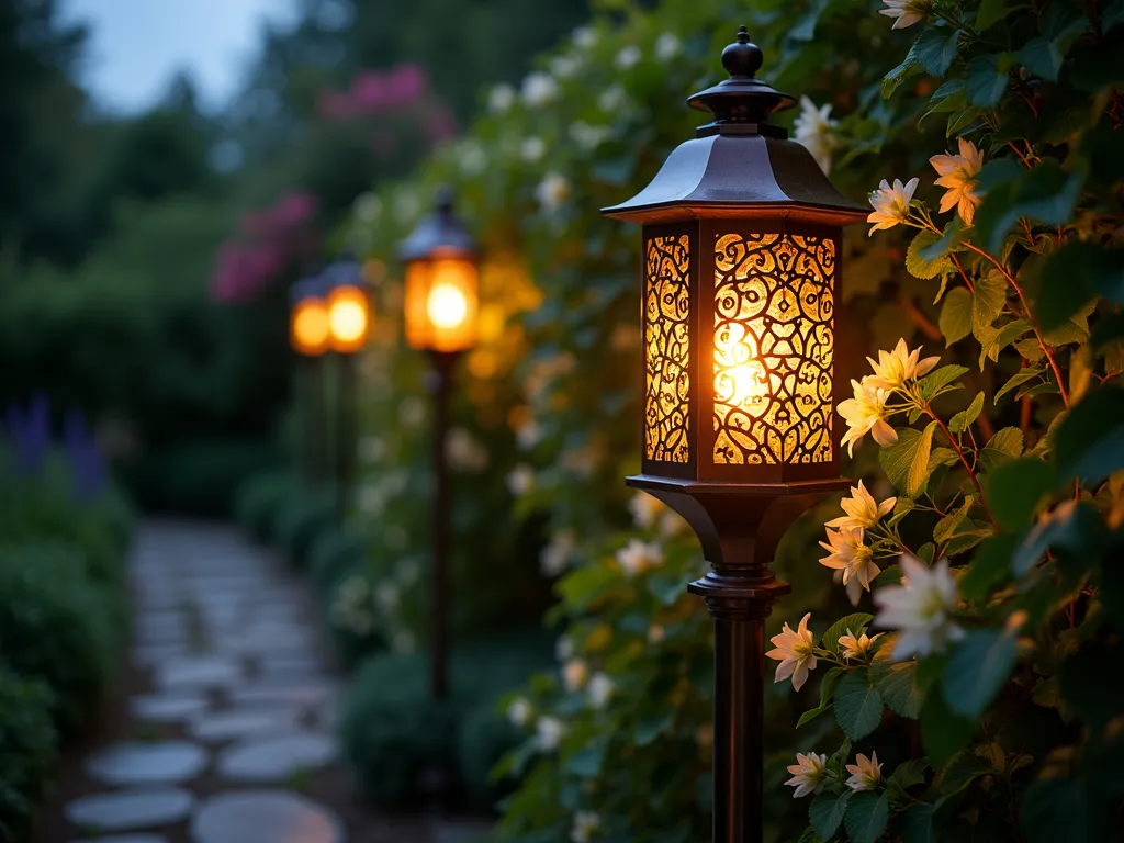 Illuminated Living Vine Post at Dusk - A stunning DSLR twilight shot of an elegant 7-foot copper lamp post in a lush garden setting, partially enveloped by blooming moonflowers and climbing jasmine. The hollow post features delicate lattice patterns allowing the vines to naturally intertwine upward. The warm LED light gently filters through the foliage creating enchanting shadows on the surrounding flagstone path. Soft bokeh effect in the background shows additional garden features. The composition captures the magical moment when the climbing plants meet the glowing light fixture, photographed from a slight low angle to emphasize height and drama. 8K, ultra-detailed, professional lighting, dramatic dusk atmosphere.