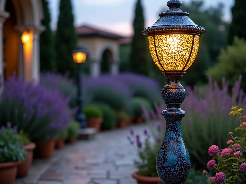 Mediterranean Mosaic Garden Lamp Post at Twilight - A stunning close-up shot of an ornate Mediterranean-style garden lamp post at twilight, featuring intricate mosaic patterns in vibrant blues, turquoise, and amber glass tiles. The post stands 7 feet tall with delicate mirror inlays creating a mesmerizing pattern of light. The lamp casts a warm, golden glow that illuminates a curved stone pathway, with lavender and cypress trees in the background. The mosaic design incorporates traditional Mediterranean motifs in a spiral pattern, with small pieces of mirrored glass catching and reflecting the evening light. The base of the lamp post is surrounded by blooming bougainvillea and scattered terra cotta pots filled with herbs, creating a authentic Mediterranean garden atmosphere. The depth of field focuses on the detailed mosaic work while softly blurring the lush garden background.