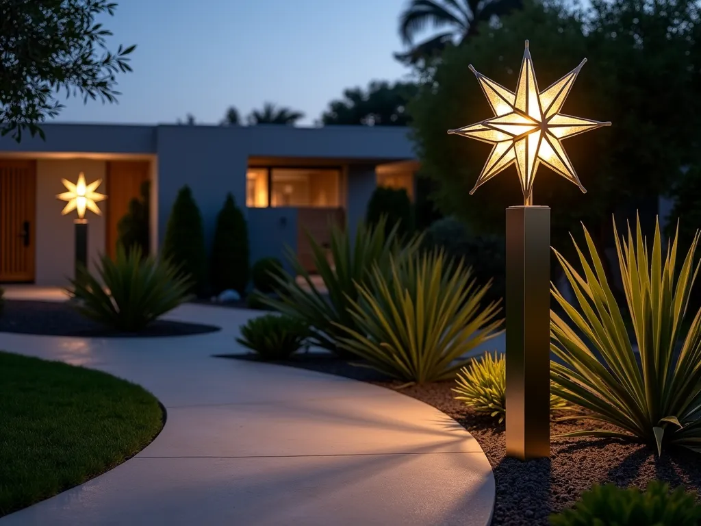 Mid-Century Modern Garden Lamp Post at Twilight - A sophisticated mid-century modern garden lamp post illuminating a contemporary landscaped garden at twilight. The lamp post features a striking geometric starburst pattern and angular metalwork in brushed brass, casting dramatic shadows on a curved concrete pathway. The post stands 7 feet tall against a backdrop of modern architectural plants. Low voltage LED lighting creates a warm ambient glow, highlighting the atomic-age inspired design elements. Clean lines and period-authentic details showcase the perfect blend of retro and contemporary aesthetic. The scene is captured from a medium-low angle, emphasizing the lamp post's dramatic silhouette against the dusky sky.