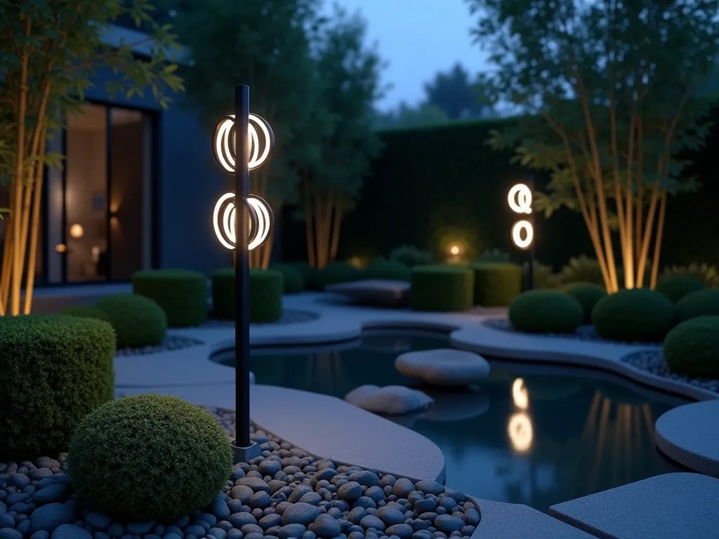 Modern Floating Ring LED Garden Post - A twilight garden scene featuring a sleek, minimalist black metal lamp post with three ethereal floating LED rings emanating a soft blue-white glow. The post stands 7 feet tall against a contemporary zen garden backdrop with geometric boxwood hedges and smooth river stones. The floating rings create concentric circles of light that reflect off a nearby koi pond, while architectural bamboo casts dramatic shadows. Shot from a low angle perspective with shallow depth of field, highlighting the mystical floating effect of the illuminated rings. Captured with a 16-35mm lens at f/2.8, ISO 400, emphasizing the interplay between light and shadow in the dusky atmosphere.