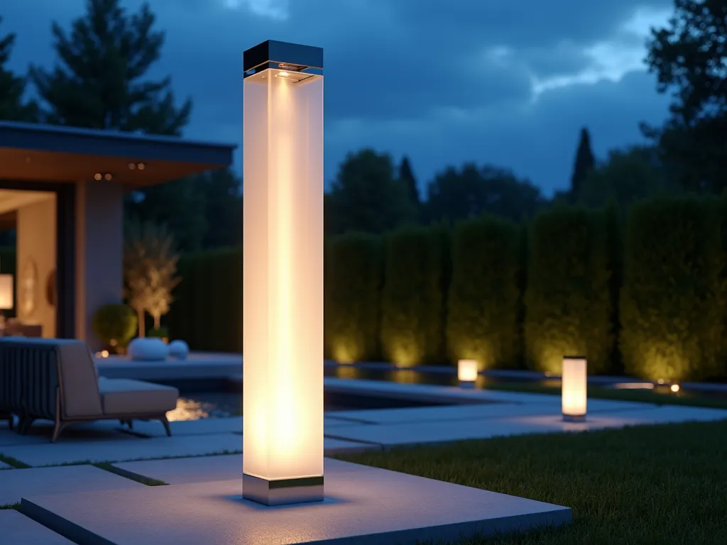 Modern Glass Column Garden Light at Dusk - A stunning twilight scene of a modern garden featuring a tall, minimalist glass column lamp post with frosted panels and sleek chrome accents. The lamp post appears to float, emitting a soft, ethereal white glow that illuminates a contemporary landscape design. The lighting fixture stands 6 feet tall against a backdrop of architectural grass and smooth stone pavers. Low-profile modern outdoor furniture and geometric planters frame the scene. The composition is captured from a low angle, emphasizing the lamp's commanding presence and the way its light creates dramatic shadows across the tastefully landscaped space. Atmospheric lighting conditions show the transition from day to night, with a deep blue sky adding depth to the scene.