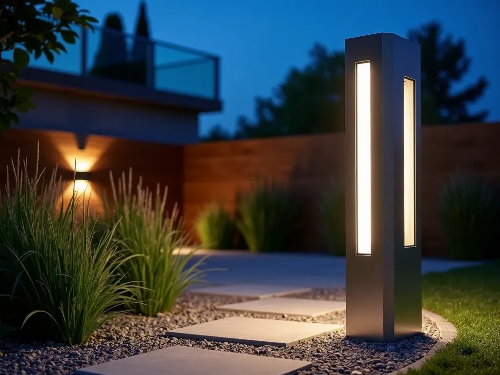 Sleek LED Garden Column at Twilight - A stunning twilight photograph of a modern minimalist garden featuring a 6-foot tall brushed aluminum LED column light post with clean geometric lines. The sophisticated fixture casts a warm white glow across a contemporary zen garden path lined with crushed granite. Shot at f/2.8 with subtle depth of field, capturing the interplay of light and shadow on nearby architectural grasses. The background reveals a sleek wooden deck with glass railings, while accent lighting creates layers of illumination throughout the space. The column's angular design and metallic finish reflect the last traces of dusk, creating a dramatic contrast against the deep blue twilight sky.