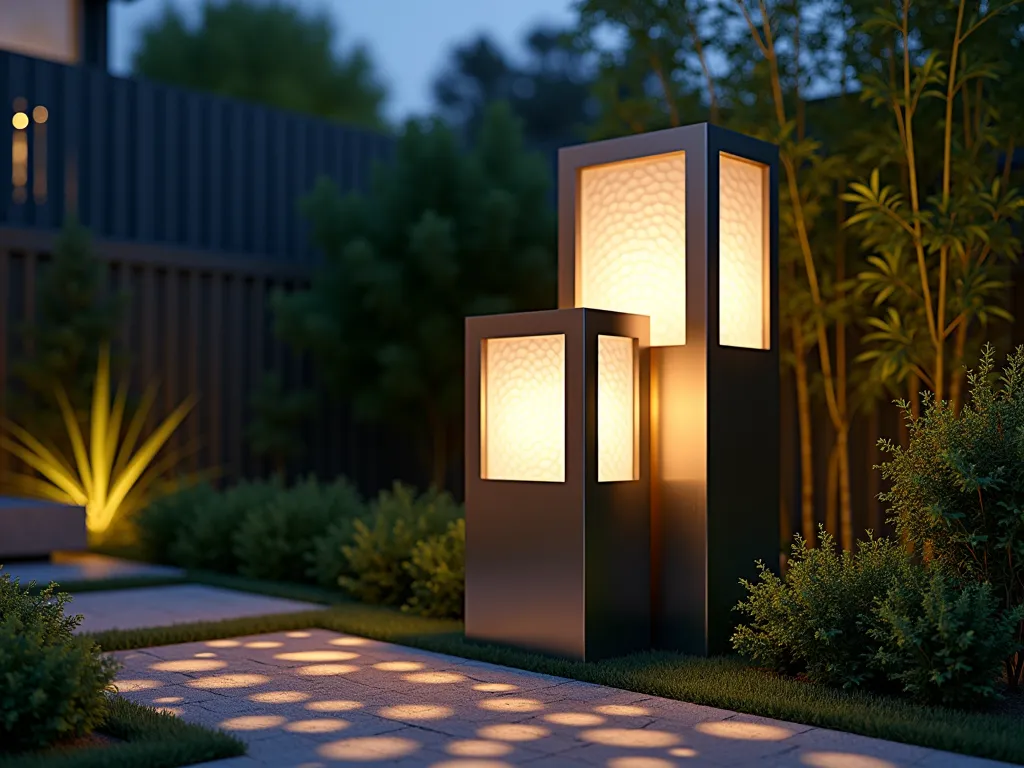 Modern Nested Cube Garden Lamp Post at Dusk - A stunning architectural garden lamp post featuring three nested brushed steel cubes in descending sizes, illuminated at dusk in a contemporary garden setting. The lamp post stands 7 feet tall against a backdrop of ornamental grasses and bamboo. The geometric light fixture casts intricate shadow patterns on a nearby stone pathway and modern deck. Captured with dramatic lighting as the sun sets, creating a perfect balance between natural and artificial light. The nested cubes emit a warm white glow through frosted glass panels, creating mesmerizing light patterns on the surrounding landscape. Shot from a slight low angle to emphasize the architectural presence of the fixture, with shallow depth of field highlighting the sculptural details. Professional DSLR photo with perfect exposure showing the interplay of light and shadow.