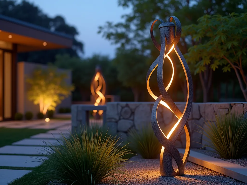 Modern Sculptural Steel Garden Light - A stunning twilight photograph of a 7-foot tall sculptural steel lamp post in a contemporary garden setting. The post features an intricate, flowing abstract design with curved metal ribbons that spiral upward, housing warm LED lights within its geometric negative spaces. The metalwork casts dramatic shadows on a nearby stone wall and illuminates a modern landscape with ornamental grasses. Shot from a low angle perspective with selective focus, capturing the interplay of light and shadow. The background shows blurred Japanese maple foliage and architectural succulents. The artistic post is finished in a deep charcoal patina that contrasts beautifully with the warm lighting. Photographed with a 16-35mm lens at f/2.8, ISO 400, creating a dreamy bokeh effect while maintaining sharp detail on the sculptural elements.